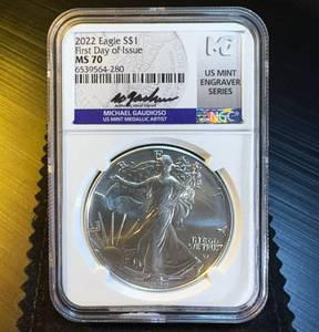 Gaudioso Hand Signed MS-70 2022 Silver Eagle, Mint Engraver Series, First Day of Issue, NGC Top Pop 1 of 200