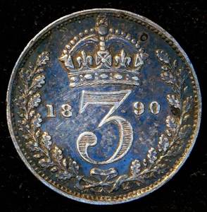 XF 1890 Great Britain Silver 3 Pence, Unaltered wBeautiful BlueGrey Toning