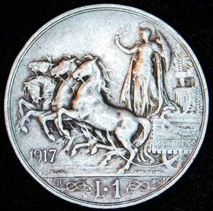 VF+/XF 1917 Italy Silver 1 Lire, Slight Luster Remains