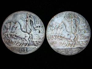 1912 & 1913 Italy Silver 1 Lire Coins, Unaltered Surfaces