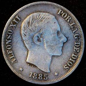 1885 Spanish Philippines Silver 10 Centavos, VF, Unaltered Surfaces