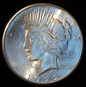 AU 1922-S Silver Peace Dollar, Muted Luster