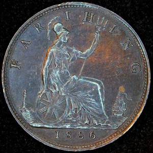 AUUNC 1886 Great Britain Farthing, Bun Head, Unaltered wLuster & Traces of Red