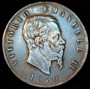 VF 1870-M BN Italy Silver 5 Lire Silver Crown, Lettered Edge, Some Luster