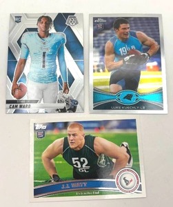 Lot of 3 Football Cards including 2012 Topps Chrome Luke Kuechly Rookie Card, 2011 Topps J.J. Watt Rookie Card, and 2025 Panini Mosaic Cam Ward Rookie Card (NM-MT)