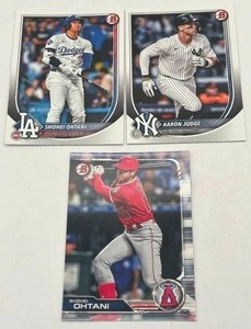 Lot of 3 Baseball Cards including 2019 Bowman Shohei Ohtani, 2025 Bowman Aaron Judge, and 2025 Bowman Shohei Ohtani (NM-MT)