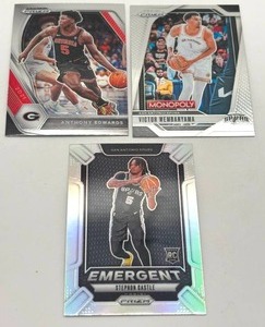 Lot of 3 Basketball Cards including 2025 Panini Prizm Monopoly Victor Wembenyama, 2021 Panini Prizm Draft Picks Anthony Edwards, and 2024-25 Panini Prizm Emergent Stephon Castle Rookie Card (NM-MT)