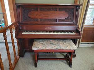 Vose and Sons upright piano and Bench Beautiful Detailed wood