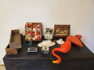 Cool Lot of Vintage Items true Vintage Lead Xmas Ornaments, Cameras, Flamingos and more