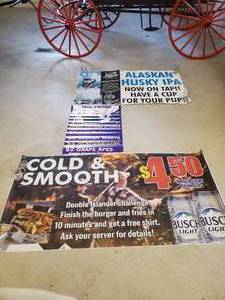 3 Large Beer Banners for the Mancave with box of Misc Beer Glassed