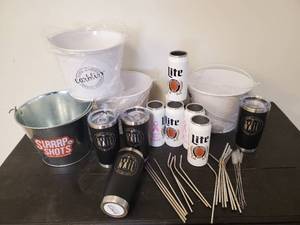 Nice Lot of Bar items, unused Rusty Nail Coffee Tumblers, beer Buckets, and more