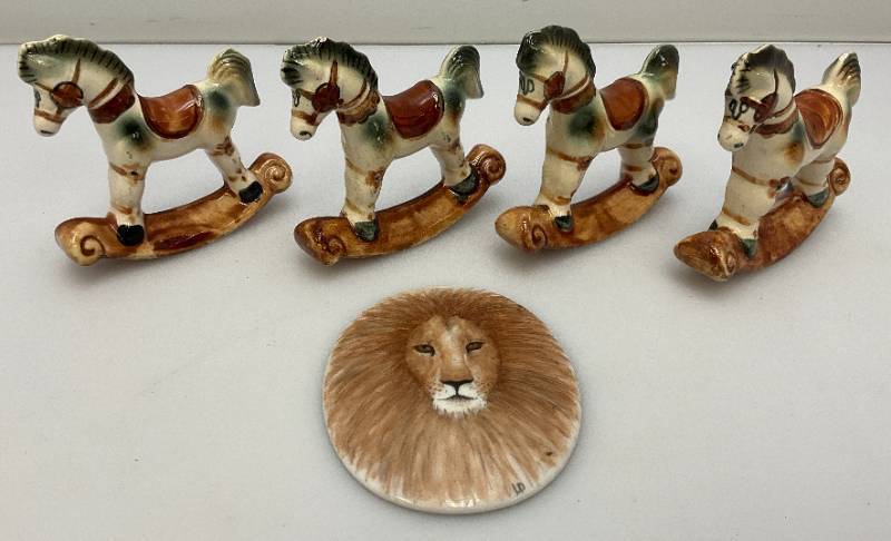 Misc. Miniature Hand-Painted Porcelain Rocking Horses Made In The Philippines 3 14 x 3 14 And Hand Painted Porcelain Lion Plaque 3 x 3 34