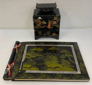 Two Vintage Oriental Lacquered Wood Items Including Photo Album And Jewelry Box