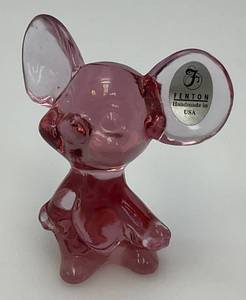 Vintage Collectible FENTON  3 Rose Colored Glass Mouse With Foil Label On Ear