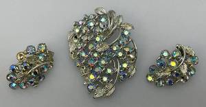 Vintage Blue Rhinestone Brooch And Earrings Set