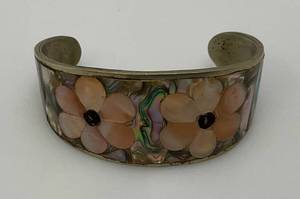 Vintage Mexican Silver, Mother Of Pearl And Abalone Floral Design Cuff bracelet (31.49) Grams overall