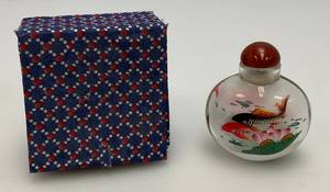 Vintage Chinese Inside-Reverse Painted GoldfishKoi Snuff Bottle 2 x 2 38 In Original Box