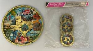 Vintage Tin TEXAS The Lone Star State Souvenir Tray Or Wall plaque &amp 6 Coasters In original Packaging