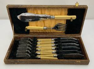 Vintage Epns Engraved Fish Flatware Set Of 6 With Fuax Bone handles (Cracks Present In Handles) In Original Case