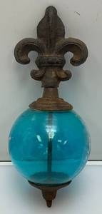Antique Cast Iron Fleur De Lis Lightning Rod Yard Art With 3 12 Blue Glass Ball