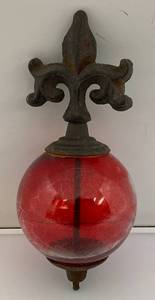 Antique Cast Iron Fleur De Lis Lightning Rod Yard Art With 3 12 Red Glass Ball