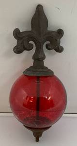 Antique Cast Iron Fleur De Lis Lightning Rod Yard Art With 3 12 Red Glass Ball