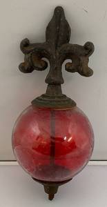 Antique Cast Iron Fleur De Lis Lightning Rod Yard Art With 3 12 Red Glass Ball