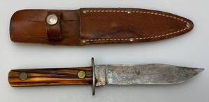 1930-1940 Nice Vintage Yellow Bone Handle TradeHunting Carbon Steel Knife With 5 Blade & Leather Sheath