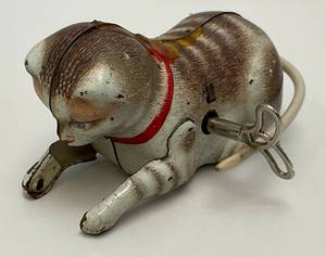 Vintage Tin Litho Key Wind Roll Over Cat Made In US-Zone Germany (Works)