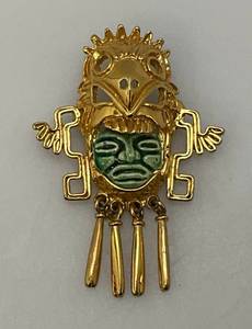 1960s  RARE Salvador Teran Aztec Marbel Mexico 24K Plated With Green Ceramic BroochPendant 2 x 2 12