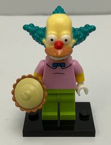 Collectible Hard To Get KRUSTY THE CLOWN Genuine Lego Mini figure With Pie,  And Stand