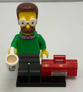 Collectible Hard To Get NED FLANDERS Genuine Lego Mini figure Series 1 With Cup, Tool Box And Stand