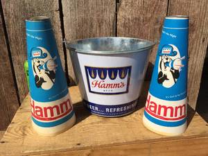 2 Vintage HAMMS Hamm It Up - 10 14 Megaphones  A Metal Bucket