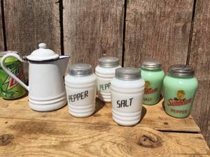 Vintage Kitchen Milk GlassJadeite Shakers Plus 6 Porcelain Pitcher