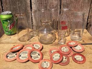 Vintage Milk Bottles Half Pint - Third Quart - Caps