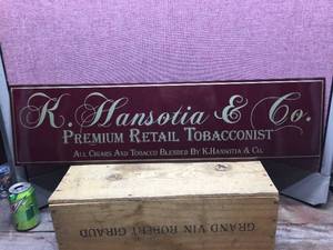 K. HANSOTIA - Tin Tobacconist Sign - 32 x 8 12