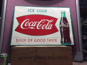 Vintage 1950s COCA COLA Fishtail Ice ColdSign of Good Taste - Steel Sign