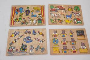 4ct Vintage Wooden Shape Peg Puzzles. Farm, Circus, Space, Bears in School