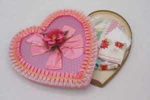 Vintage Valentines Heart-Shaped Box wWomens Hankies