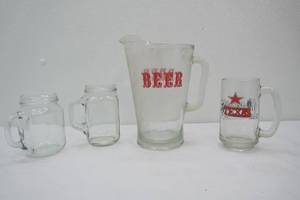Vintage Glass Beer Pitcher & Mugs