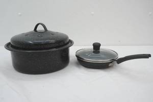 enamel pot and small frying pan with lid