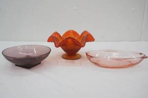 Vintage Amberina Ruffled Pedestal compote bowl Vintage Hazel Atlas Moroccan Amethyst Glass Bowl vintage pink depression glass
