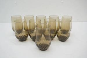 Set of 10 Vintage Anchor Hocking Regal Optic Swirled smoke-tinted amber glass tumblers