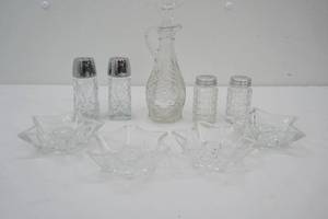 Vintage Anchor Hocking Star of David Pressed Glass Cruet Bottle, Salt and Pepper Shakers, and other vintage clear glass pieces