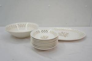 Vintage SCIO Pottery Golden Wheat Fleur De Lis Platter, Serving Bowl & 8 berry bowls