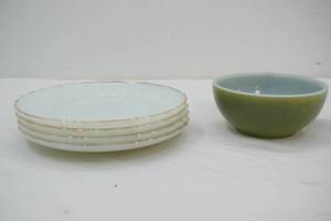 4ct Vintage Anchor Hocking Fire-King Milk Glass Plates Featuring White Swirl Pattern & Gold Rim 1 vintage oven-ware Fire-king bowl