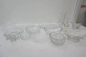 Vintage Crystal & Pressed Glass Pieces. Fenton Beaded Bowl, Manhattan Serving Bowl, and more