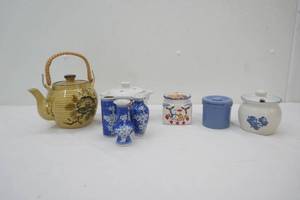 Vintage Stoneware Teapot, Small Pfaltzgraff Crock, blue & white porcelain bud vases