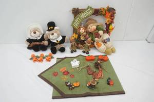 Fall Decor, Wooden, Resin, Wreath, Plush Bear Pilgrims