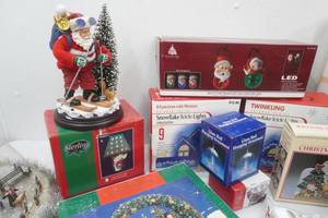 Holiday Decor. New & Used. Animated Santa, LED Solar Powered Globe Path Lights, Snowflake Icicle Lights, Wreath and More